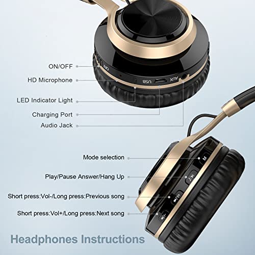 Baseman Wireless Bluetooth Headphones Over Ear, Long Battery Life Stereo Deep Bass Headset With Mic Wireless And Wired Headphones For Iphone Computer Tf Card Slot Teens Boys Men Adults - Black Gold #TOP5