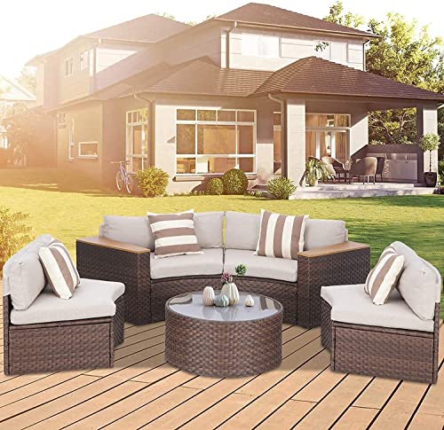 SUNCROWN Outdoor 5-Piece Half-Moon Sectional Sofa Furniture Sets - Brown Wicker Patio Curved Conversation Set with Round Coffee Table and Cushions - Brown
