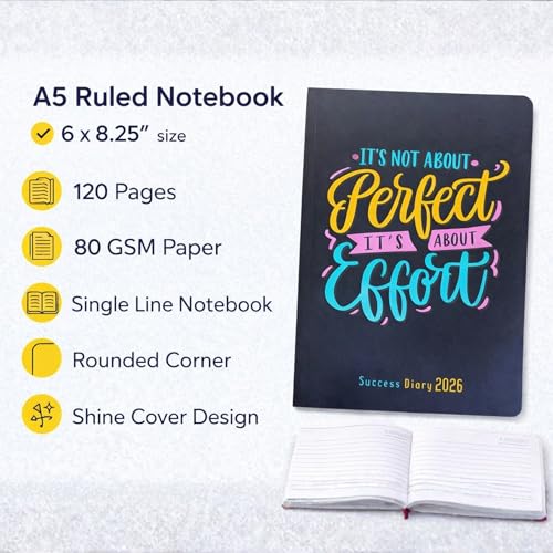 Image of Success Diary 2026 A5 Ruled Notebook | Motivational Quote Cover | 120 Pages | 80 GSM Paper | Rounded Corners | Single Line | Daily Writing Journal (Not Perfect But Effort)