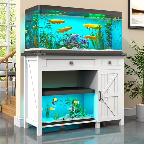 kepptory 40 Gallon Fish Tank Stand with Power Outlets, Farmhouse Decorative Aquarium Stand Furniture with Adjustable Shelves and Storage Drawer, 30-40 Gallon Reptile Turtle Tank Stand(White, 30-40GL)