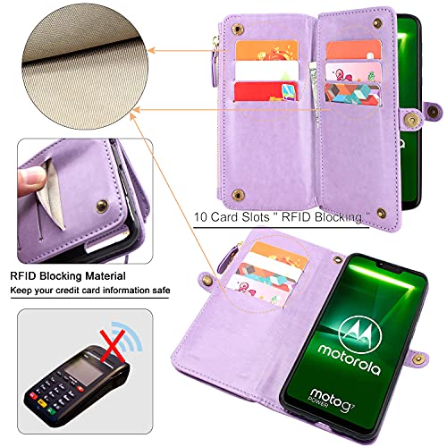 Lacass [Cards Theft Scan Protection 10 Card Slots Holder Zipper Pocket Wallet Case Flip Leather Cover With Wrist Strap Magnetic Closure Stand Carrying Pouch For Moto G7 Power /E5 Plus(Floral Purple) #TOP1