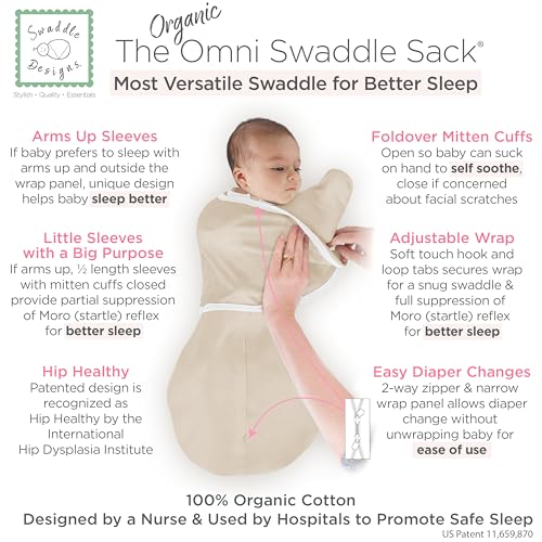 Image of SwaddleDesigns Organic 6-Way Omni Swaddle Sack w /Wrap, SandDollar, 12-18lb