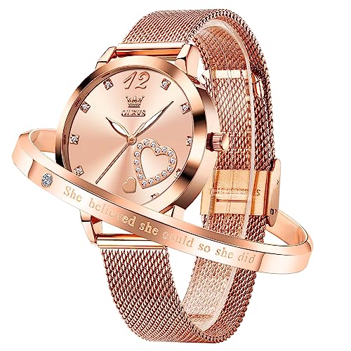 Image of OLEVS Rose Gold Watch for Women Mesh Strap Fashion Dress Hearts Japanese Quartz Waterproof Luminous Ladies Watches Bracelet Sets
