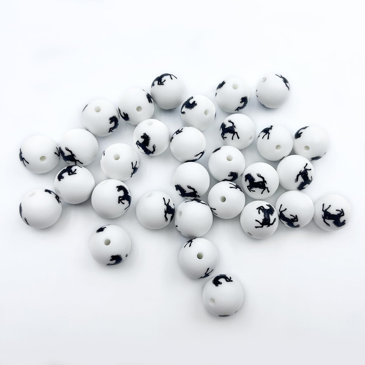 Perles rondes en silicone imprimé cheval noir de 15 mm pour la création de bijoux DIY