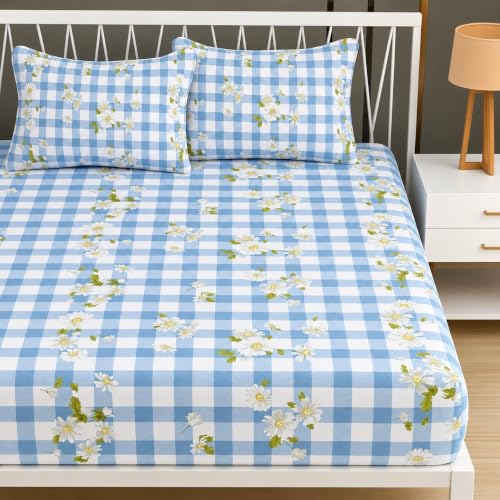 Image of RUMPS King Size Gingham Checkered Fitted Bedsheet (78x72 Inches) with 2 Pillow Covers (18x28 Inches), Soft Microfiber Floral Print Elastic Bedspread, Breathable & Wrinkle-Resistant (Blue)