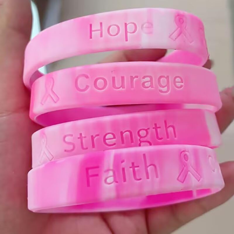 4 Pcs Breast Cancer Awareness Bracelets for Women Pink Ribbon Silicone Wristbands Bracelets Letter Hope Faith Courage Inspiring Jewelry Gifts Accessories3