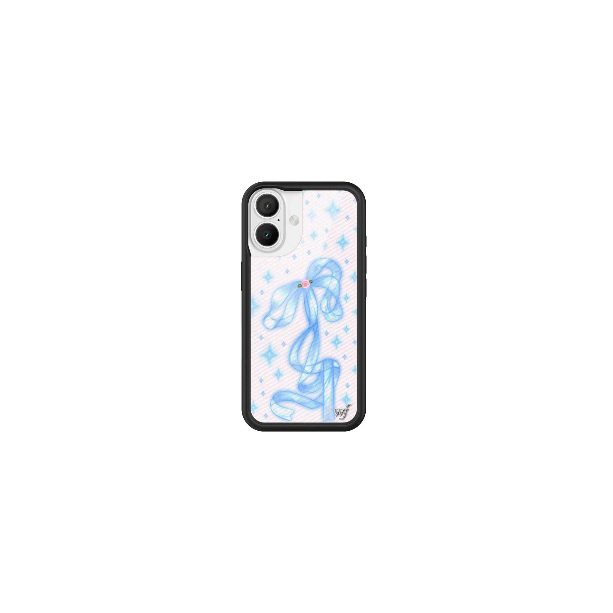 Wildflower Cases - Sparkle Girl, Compatible with Apple iPhone 16 | Blue Bow Shimmer Ribbon Fem Popular Aesthetic Cute Trendy - Protective Black Bumper, 4ft Drop Certified, Women Owned Small Business