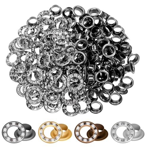Mardatt 100 Sets 1/4” Rhinestone Eyelet Grommet Kit, Rhinestone Metal Grommet Rhinestone Eyelet Fittings Eyelet Grommets Kit with Washer, Hole Punch for Clothing Shoe DIY Crafts(Black)
