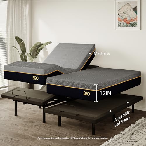 Image of MLILY EGOHOME Split King Adjustable Bed Frame and 12 inch Memory Foam Mattress, Wireless Remote Adjustable Bed Base with 12 inch Adjustable Legs and Head and Foot Incline, Zero Gravity, Easy Assembly