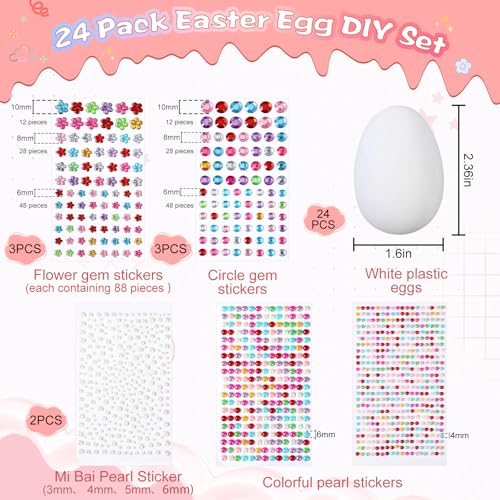 Civaner Easter Egg Decorating DIY Kit, 24 Plastic Eggs with Gem Stickers, Flower Decals and Pearl Stickers for Party Favors, Adults Craft for Egg Hunt Basket Stuffers and Holiday Decor - Thumbnail 2