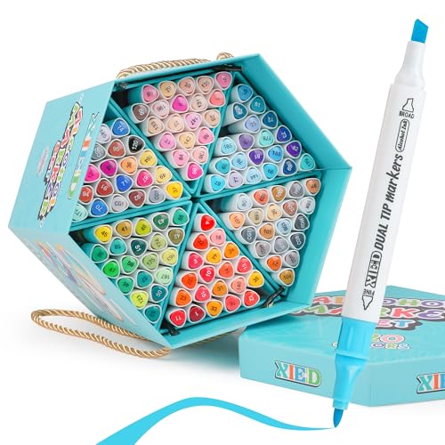XIEED Álcool Markers, 120 cores premium Hexagonal Markers Set Gift Box, Fine & Broad Dual Tip álcool Marker Pens, Artists in Drawing, Colouring & Sketching