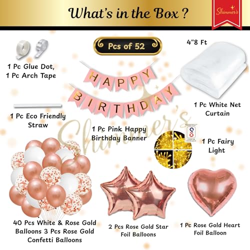 Image of Shimmers Birthday Decoration Kit 52 Pcs - Rose Gold Theme with Banner, Balloon Set, Star & Heart Foil, Net Curtain (4x8 ft), Fairy String, Glue Dots & Arch for Party Decor