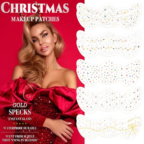 10 Pcs Christmas Face Glitter Speckles Patches, 5 Styles Winter Xmas Glitter Freckles Face Tattoo, Gold Sparkle Freckles Makeup Face Decoration (Set 1)