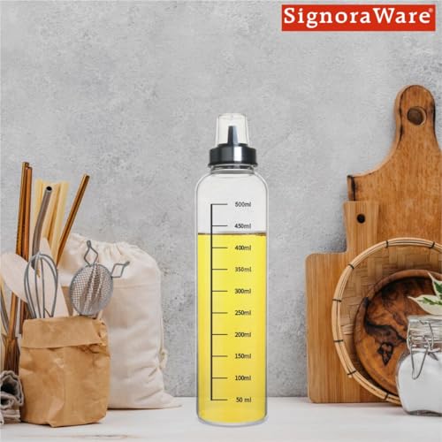 Image of SignoraWare Even Flow Borosilicate Glass Oil Dispenser | Measurement Marking | Easy Refilling | Control Oil Dispensing | Modern Look | Refined & Mustard oil | Liquid Container (500ml | Clear)