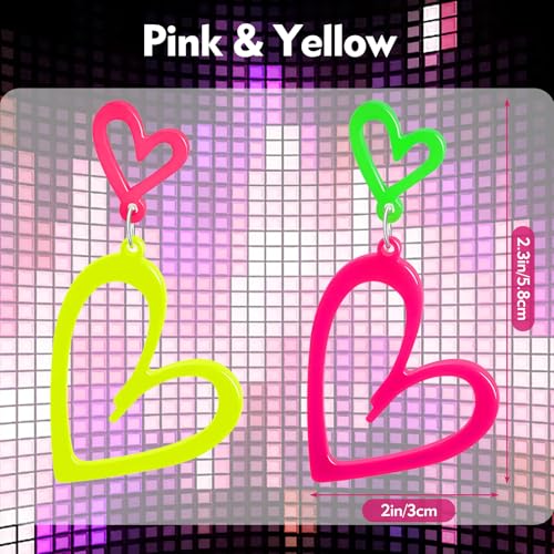 2 Pair Neon Heart Earrings, Acrylic Neon 80s 90s Outfit for Women, Glow Party Accessories Gifts Hot Pink & Yellow3