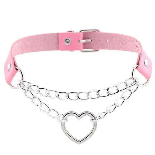 FM FM42 PU Simulated Leather Gothic Punk Black-tone Silver-tone Heart Ring Cuban Curb Link Chain Adjustable Neckband Collar Choker - Silver-tone, Pink