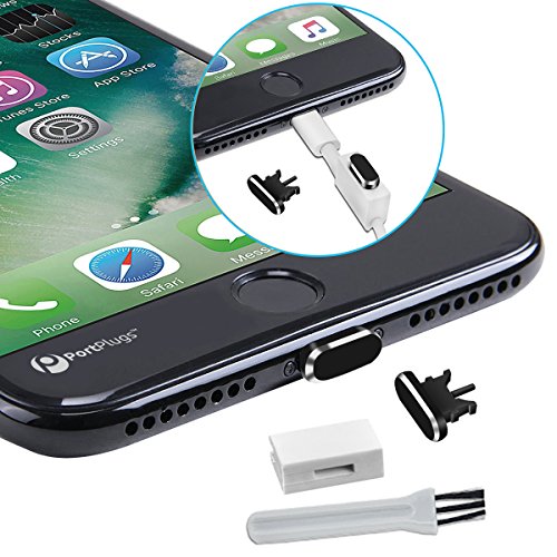 PortPlugs Anti-Dust Plug (2 Pack) Aluminum, Compatible with iPhone 11, X, XS, XR, 8, 7, 6 Plus, Max, Pro, Includes Port Cleaning Brush and Cover Holders (Black)