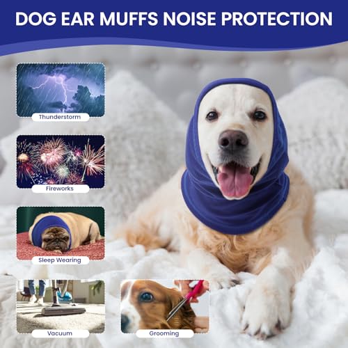 Image of BRKURLEG Dog Calming Hoodie, Dog Ear Muffs for Noise Protection, Pet Anxiety Relief Head Cover and Ears Protector, Dogs Ear Wrap for Grooming Bath and Drying, Blue,M