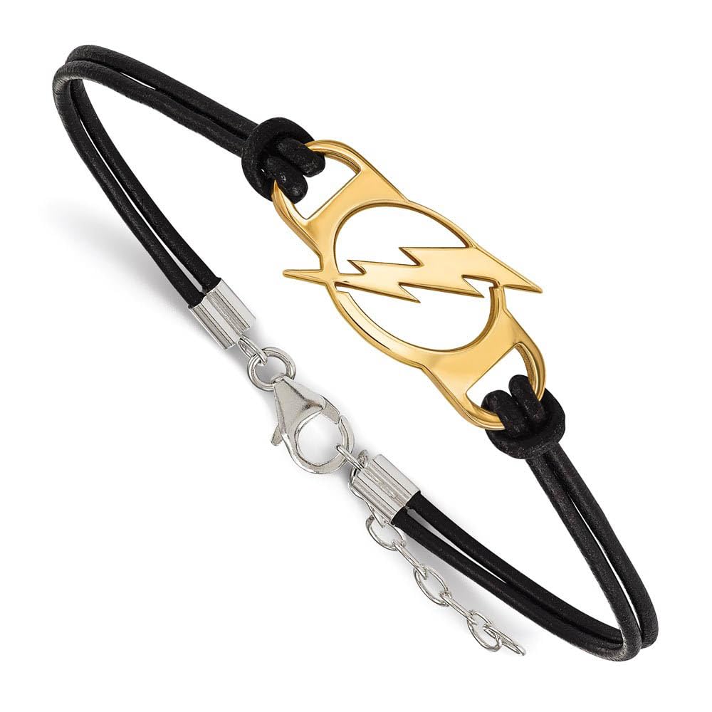 Sterling Silver 14k Yellow Gold Plated & Leather NHL Tampa Bay Lightning Adjustable Bracelet