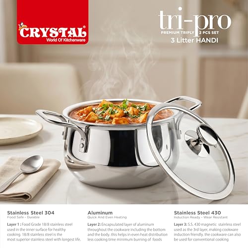 Image of Crystal Trival Triply Stainless Steel Stock Pot | 3 Liters with Glass Lid | Biryani Pot, Handi Shaped /Casserole | Weight-1.7 kg | Induction Friendly | 100% Toxin-Free | Healthy Cooking, Less Oil Use