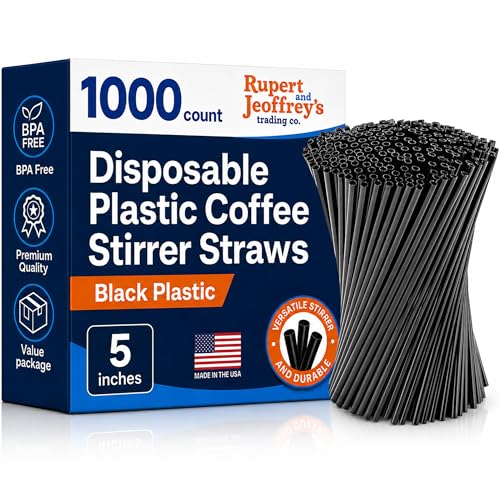 Disposable Plastic Coffee Stirrer Straw - 5 Inch Sip Stir Stick (Black, 1,000 count)