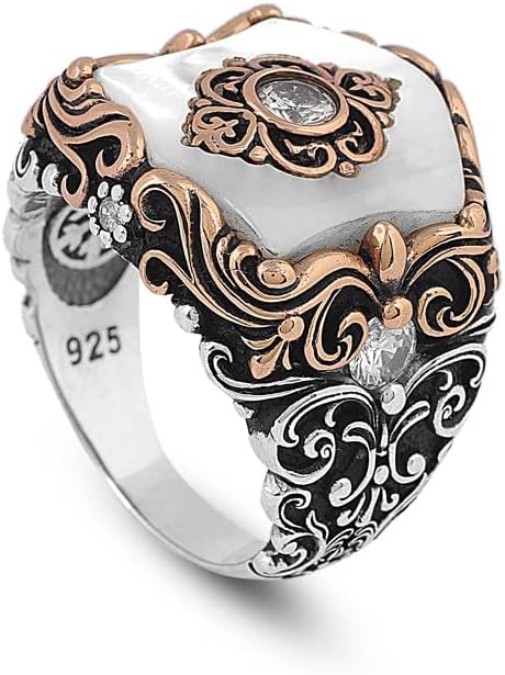 Mother of Pearl Gemstone Handmade Mens Ring, Turkish Handmade 925 Sterling Silver Men Ring, Vintage Shield Ring, Holiday Gift for Him.