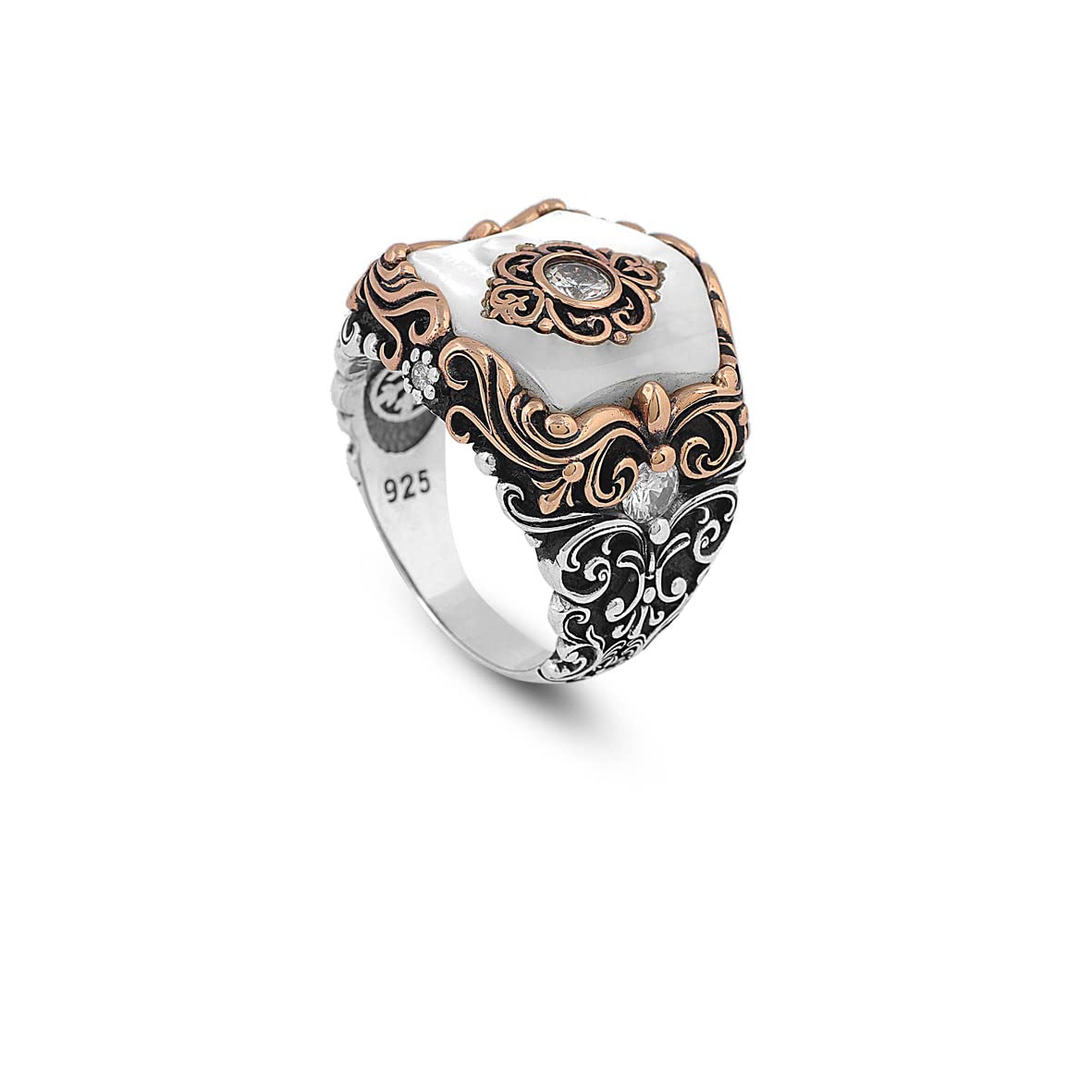 Mother of Pearl Gemstone Handmade Mens Ring, Turkish Handmade 925 Sterling Silver Men Ring, Vintage Shield Ring, Holiday Gift for Him. (14)