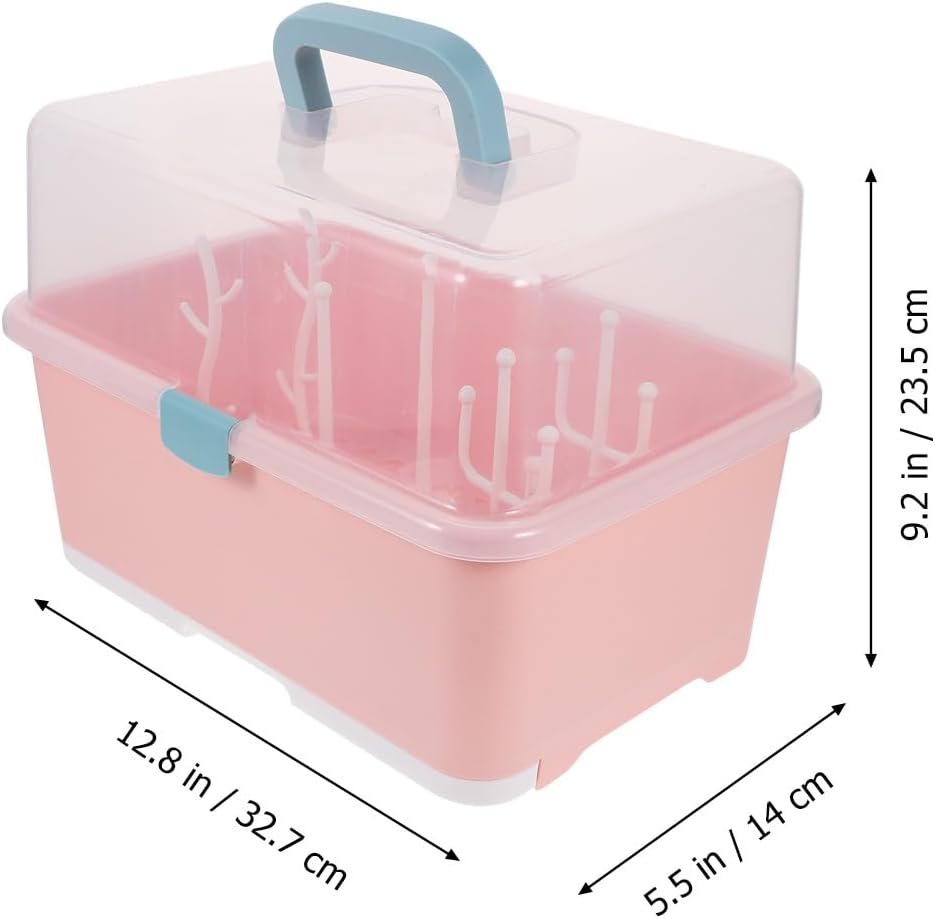 Bottle Drying Rack with Lid and Drain Tray Dustproof Bottle Storage Box for Newborn Feeding with Cutlery Plastic Suitable for Home and Travel