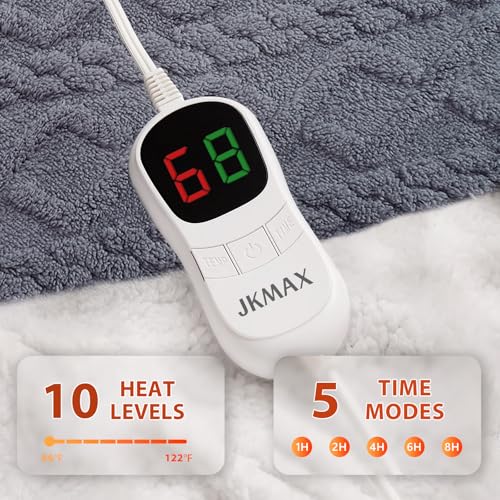 JKMAX Heated Electric Blanket Twin Size-62"x84" Heating Blanket with 10 Heating Levels & 5 Time Settings Over-Heat Protection,Winter Warmer for Adults with ETL Certification(Grey)