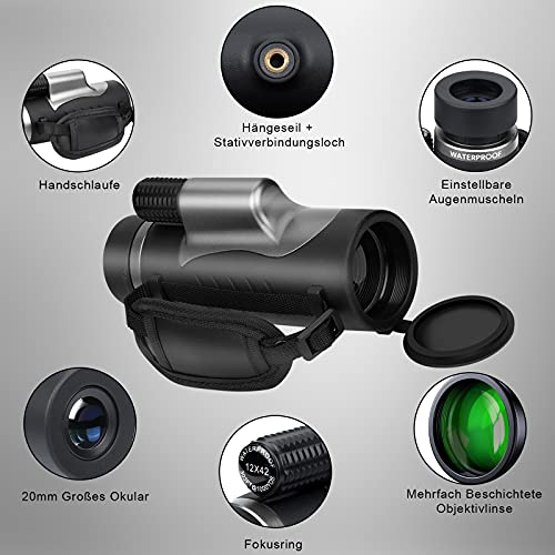Monokular Teleskop, Shadowhawk HD 12x42 Monokular Fernrohr, Wasserdicht Monocular Fernrohr Stoßfest mit Handschlaufe für… – Bild 5