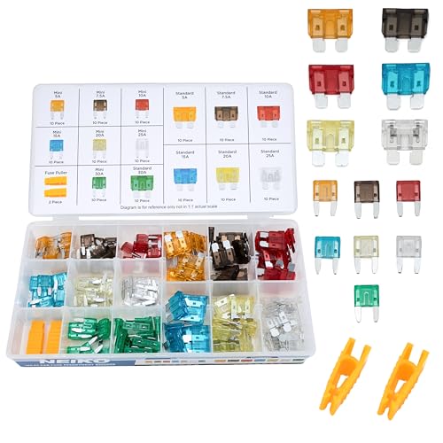 Image of NEIKO 50502A Car Fuses Assortment Set, 140pc, Fast Acting, Auto Fuses Kit, Standard and Mini Sizes, 5A, 7.5A, 10A, 15A, 20A, 25A, and 30 Amp, Marine Boat, Automotive, RV, Car Fuse Kit, Fuse Puller