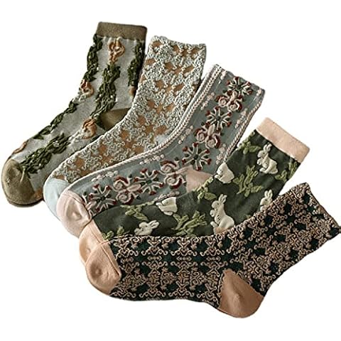 Oaiyeie 5 Pairs Womens Floral Cotton Socks,Floral Retro Style Novelty Cotton Socks,Winter Thickened Warm Women Vintage Socks (G) Cover