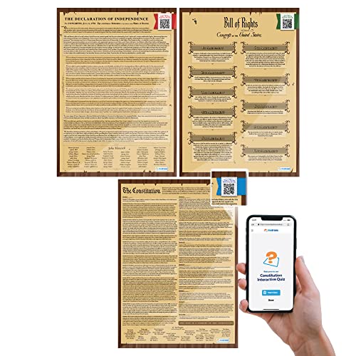 Conjunto de 3 pôsteres de documentos fundadores: Constituição dos EUA, Declaração de Direitos, Decla