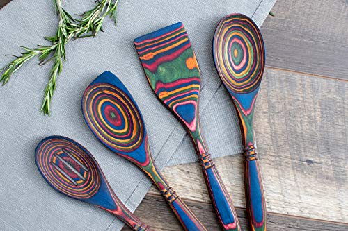 Exotic Pakka Wood 12-Inch Stirring Spoon Set With Standard Spoon, Slotted Spoon, Corner Spoon, And Straight-Edge Spatula - Versatile With Durable Lightweight Material - By Crate Collective (Rainbow) #TOP5