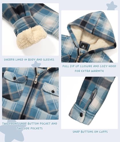 Image of V VALANCH Boys Flannel Jacket Hooded Fleece Lined Zip-up Hoodies Plaid Coat for Kids