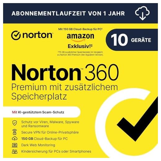 Norton 360 Premium mit extragroßer Backup-Kapazität – Amazon Exklusiv* 75GB zusätzlicher Cloud-Backup Speicher. Antivirus Software für 10 Geräte und einem Jahr Laufzeit