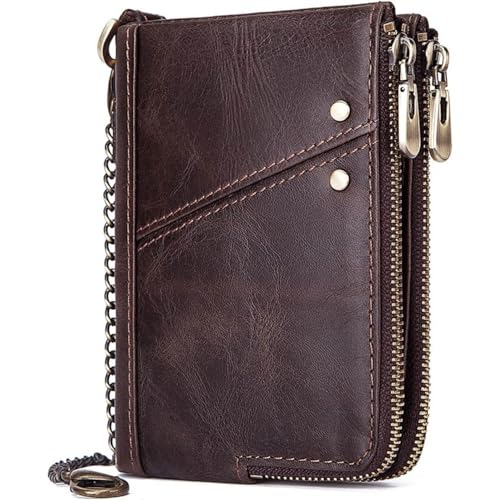 Genuine Leather Wallet for Men RFID Blocking Cowhide Vintage Chain Bifold Double Zipper Snap Closure Slim Large Capacity 12 Card Slots (Brown)