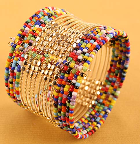 Image of Touchstone Indian Colorful Bead Bracelet Bollywood Beaten Metal Beads Openable Broad Cuff Bracelet in Gold or White Tone for Women.