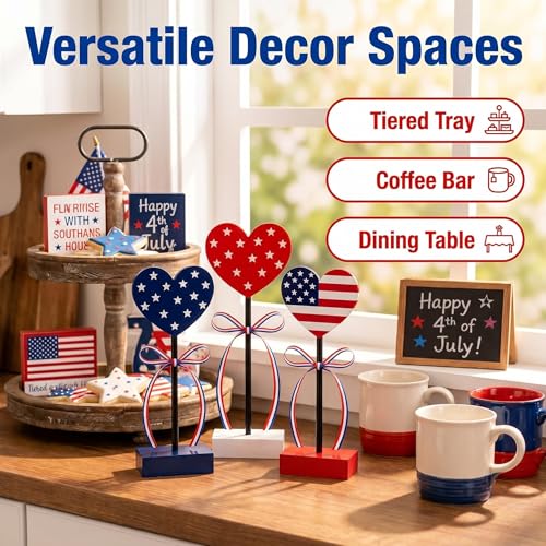 KYRGEU 3PCS 4th of July Tiered Tray Decor Wooden Love Set, Patriotic Tabletop Decorations for Memorial Day, Veterans Day, Presidents Day & Flag Day, Red White Blue Wooden Home Decor by KYRGEU - Used condition - Image 5