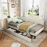 BRILVERDE Boxspringbett 90x200 mit 2 Schubladen, Polsterbett mit LED-Licht/USB, mit Kopfteil, mit Lattenrost, Samt (Beige, 90 x 200 cm)