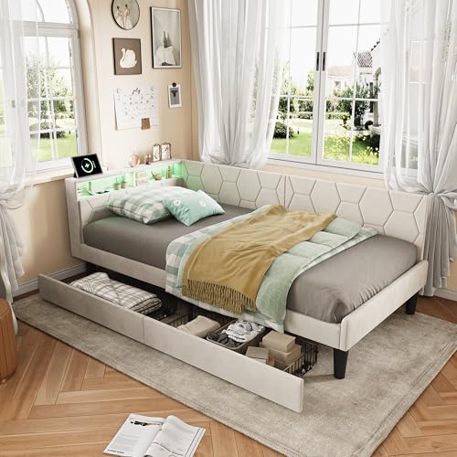 BRILVERDE Letto Contenitore 90x200 con 2 Cassetti, Letto imbottito con