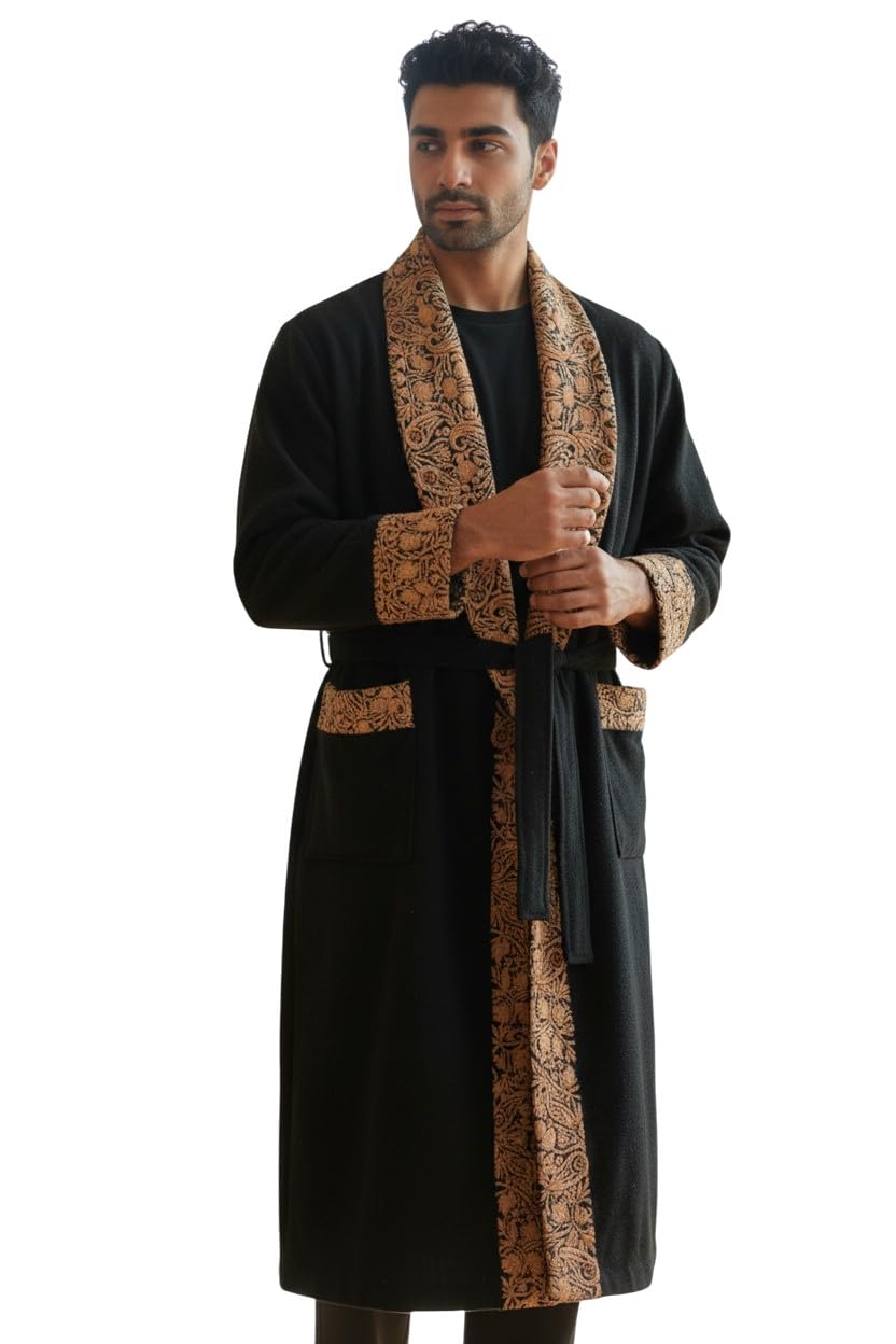 Men Woolen Nightgown Dressing Gown Sleep And Lounge Wear With Kashmiri Charming Embroidery Free Size (1, Black-13)