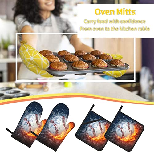 Fire Baseball Oven Mitts And Pot Holders Sets Of 4, Heat Resistant Hot Pads With Polyester Non-Slip Bbq Gloves For Kitchen,Cooking,Baking,Grilling #TOP5