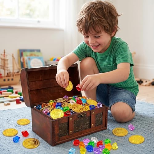 Generisch Piraten Schatztruhe Set, 50 Goldmünzen und 100 Edelsteine, Piratenparty Mitgebsel für Kindergeburtstag und Schatzsuche