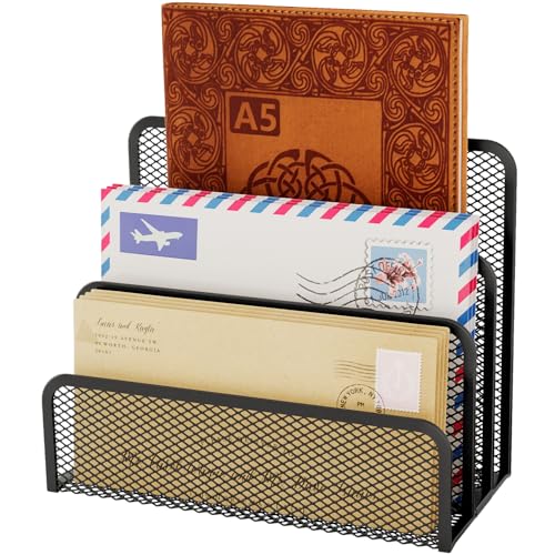 Mesh Mail Organizer 3 Slot Mail Holder for Desk Mesh Letter Sorter File Holder for Home Office Documents, Envelopes, and Postcards Paper Clip Holder set (Black)