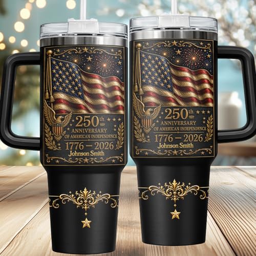 Image of Personalized 250th Anniversary Of America Tumbler - Custom Patriotic USA Flag 1776-2026 Gifts - US Eagle Freedom Cup 40oz A8 - American Independence Celebration Gifts For Men Women