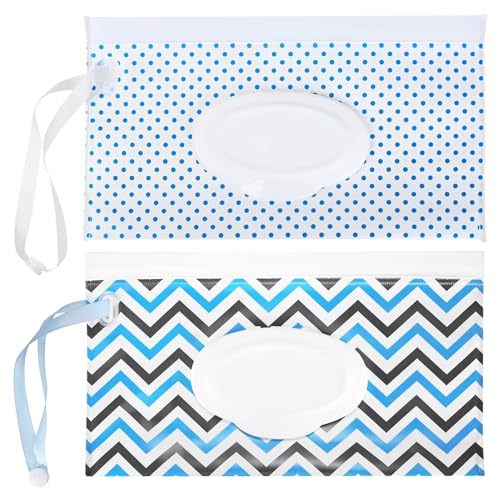 Image of Baby Wipes Dispenser, 2 Pcs Travel Baby Wipe Holder, Refillable Baby Wet Wipe Pouch, Reusable Baby Wipes Container, Portable Baby Wipe Dispenser, Wipe Bags for Travel, Wave and Plaid Patterns