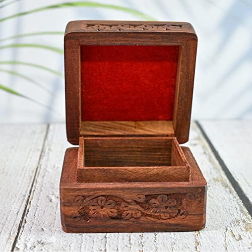 Ajuny Wooden Indian Handmade Carving Box Jewelry Storage Holder For Women 4x4 Inch