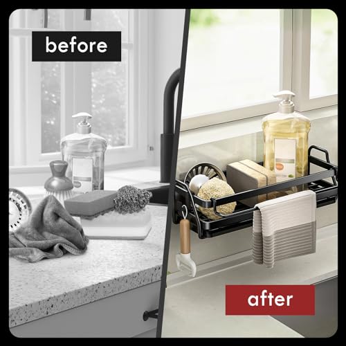LBTING Sponge Holder for Kitchen Sink, Wall Mounted Sink Caddy with Self-Draining Drain Tray, Stainless Steel Kitchen Sink Caddy for Organizing Sponge, Brush, Soap Dish Dispenser – Black by LBTING - Image 6