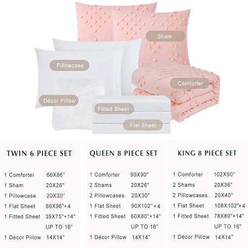 Geniospin Pink Comforter Set Queen, Pom Pom Tufted Pattern Design Bedding Sets Queen 8 Pieces, All Season Comfortable Boho Comforter Set Queen, Lightweight, Warm And Breathable (Queen, 90"X90") #TOP5